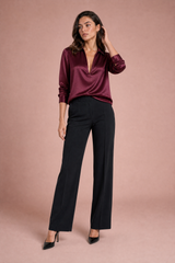 Gray Satin-Effect Draped V-Neck Shirt