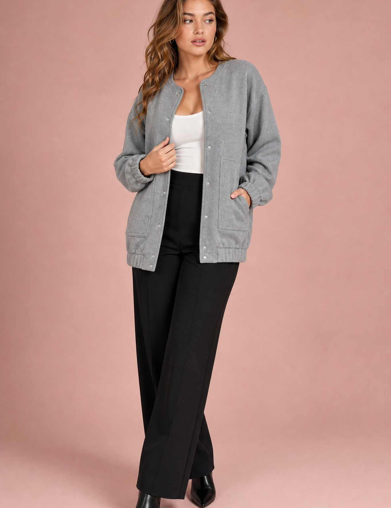 Veste grise mi-longue ample | Vue de face | Lounelle Paris