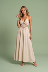 Beige Cutout Halter-Neck Maxi Dress
