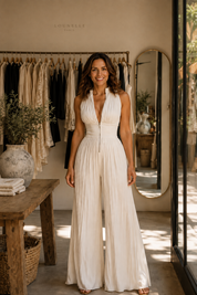 White pleated high-neck jumpsuit