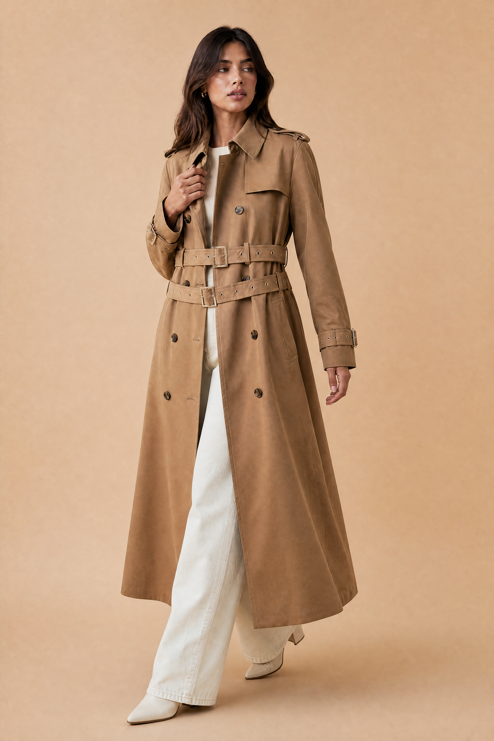 Trench long camel double ceinture | Vue en mouvement | Lounelle Paris