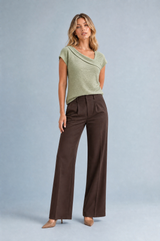 Beige Asymmetric Draped-Neck T-Shirt