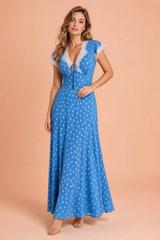 Blue Polka Dot V-Neck Maxi Dress