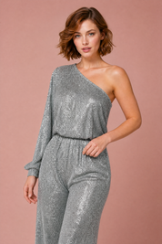 Combinaison argentée pailletée asymétrique | Vue rapprochée | Lounelle Paris