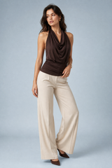Brown Cowl-Neck Backless Halter Top