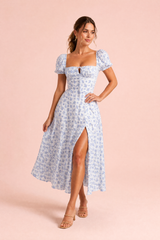 Blue Square-Neck Puff-Sleeve Dress