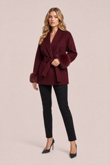Belted Shawl-Collar Coat with Faux-Fur Cuffs