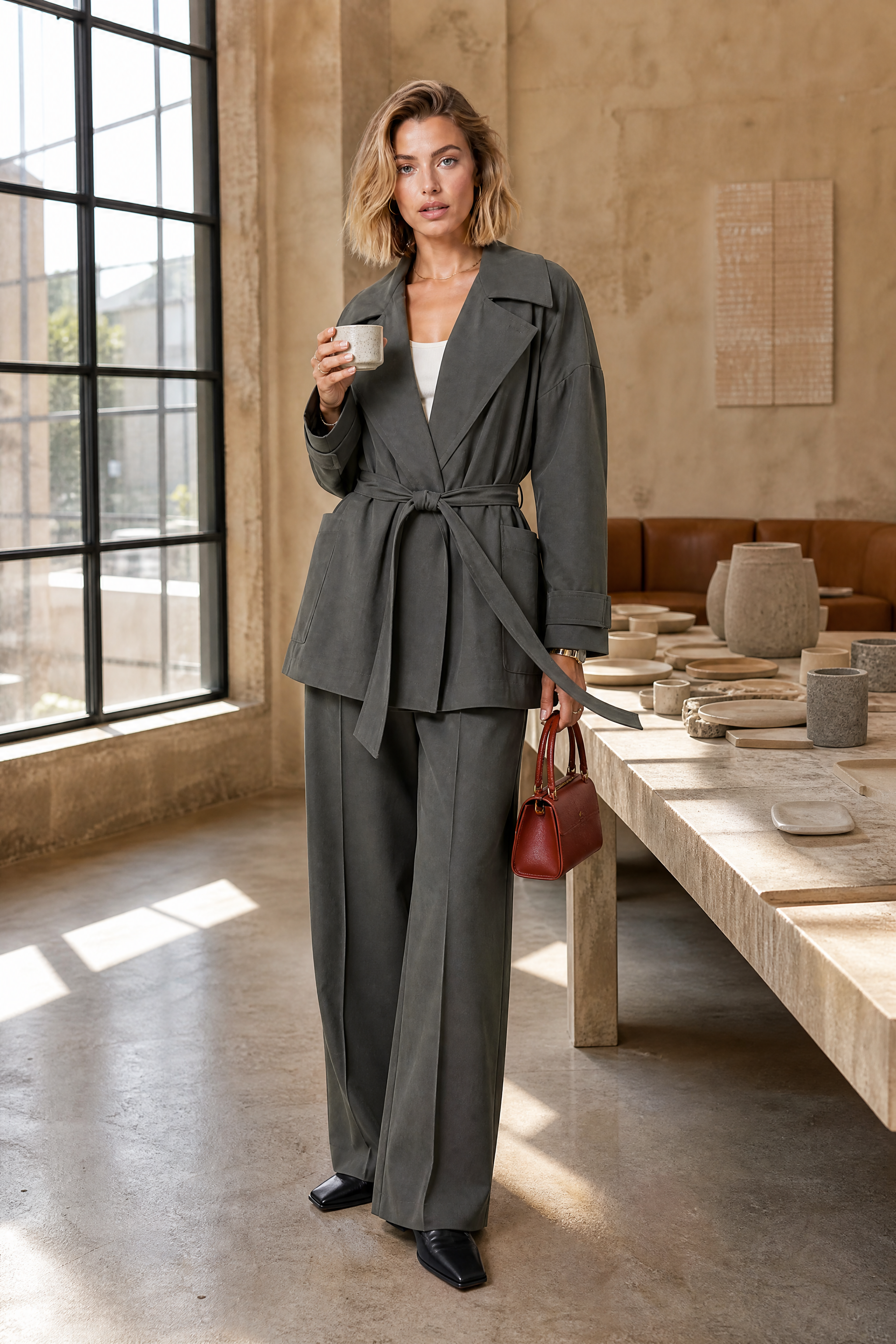 Ensemble gris trench et pantalon large | Photo lifestyle | Lounelle Paris