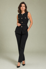 Black Textured Belted Sleeveless Vest