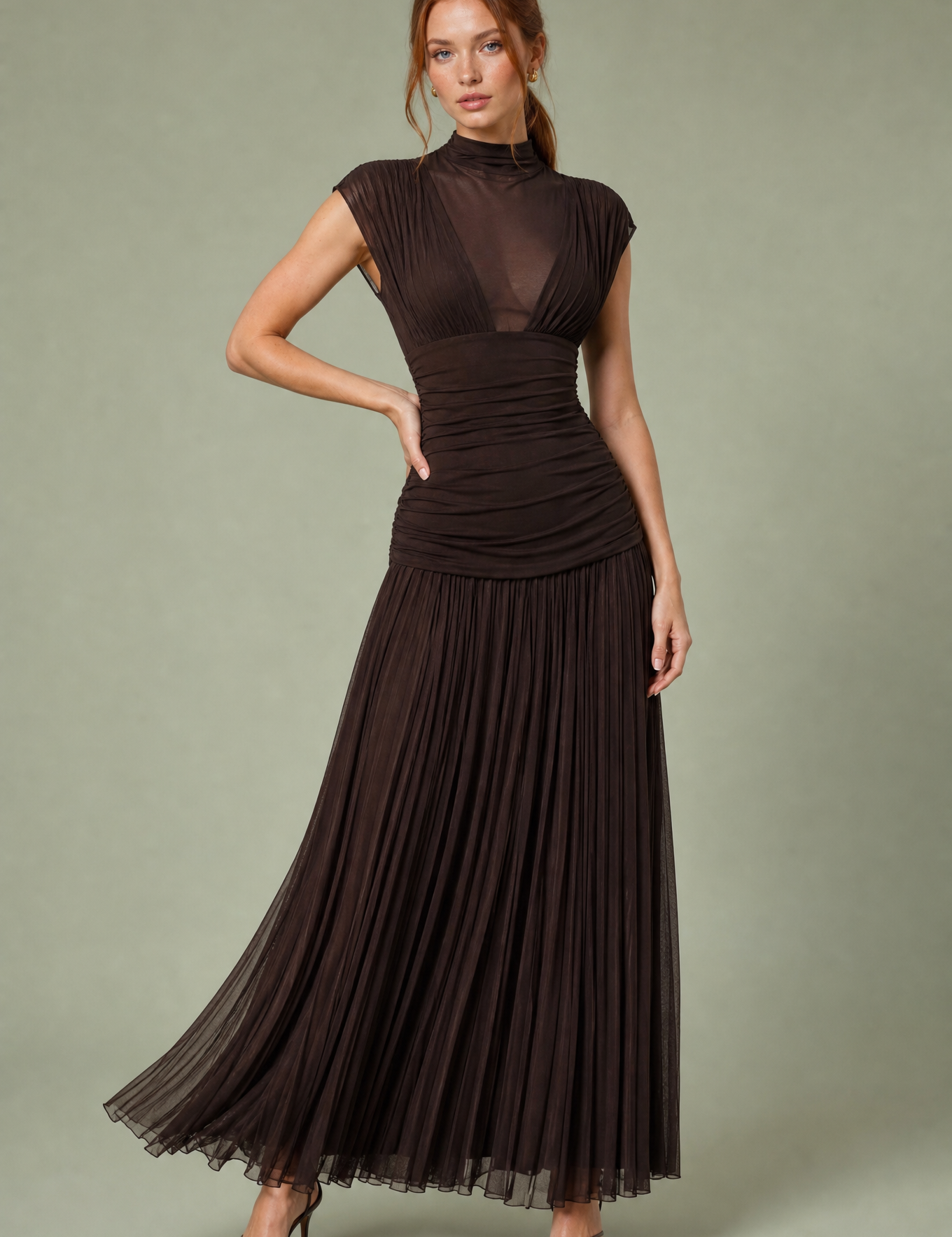 Robe longue marron col maille | Vue de face | Lounelle Paris