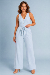 Ivory Striped Tie-Waist Wide-Leg Jumpsuit