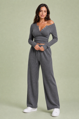 V-neck top and wide-leg trousers