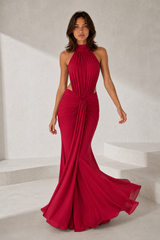 Ruched Draped High-Neck Maxi Dress
