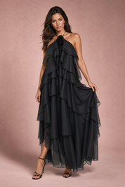 Robe longue dos nu à volants | Vue de face | Lounelle Paris
