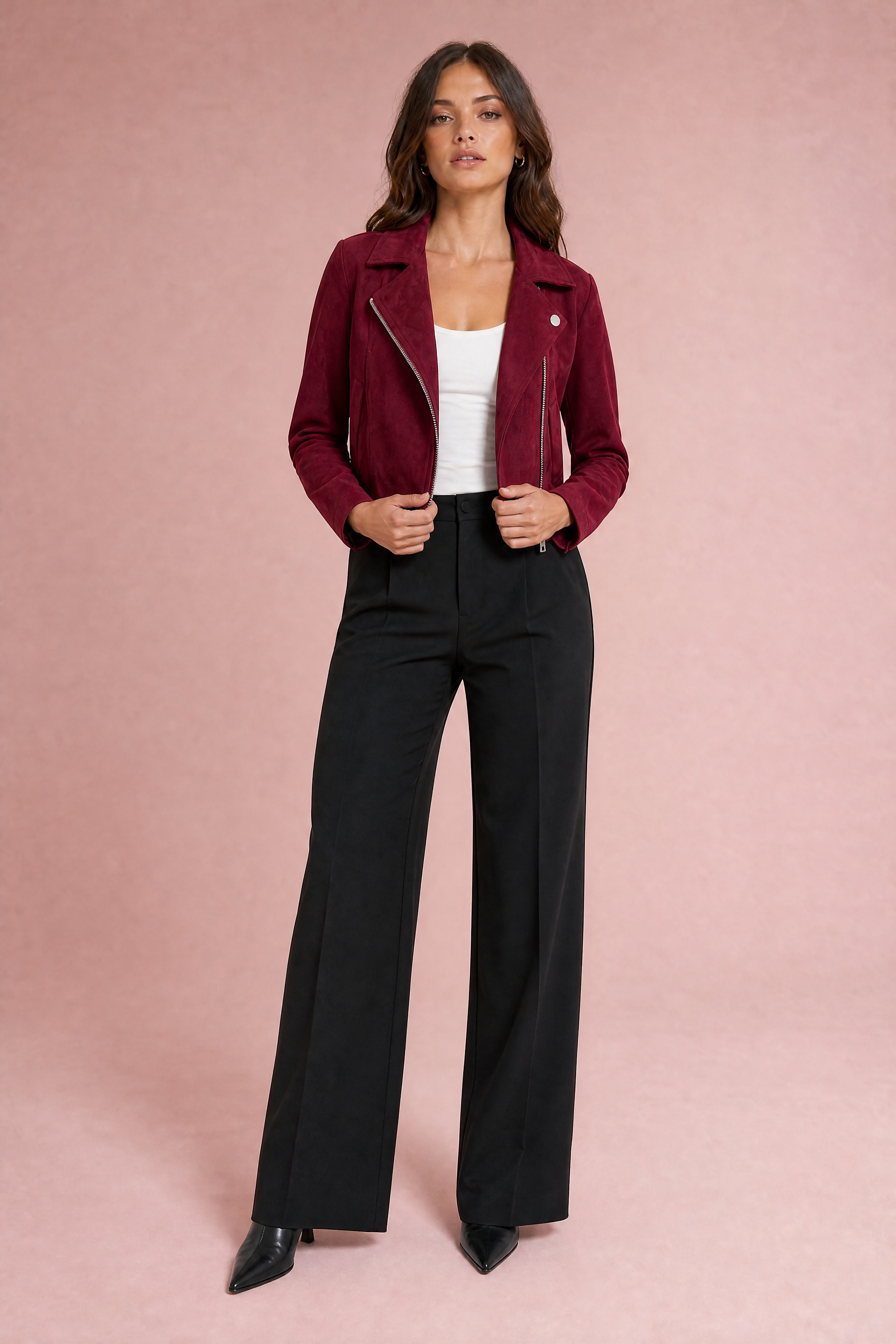 Veste courte suédine zip asymétrique | Variante Bordeaux | Lounelle Paris
