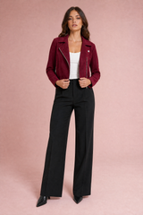 Black Faux Suede Cropped Asymmetric-Zip Biker Jacket