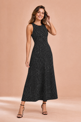 Black Polka Dot Backless Midi Dress