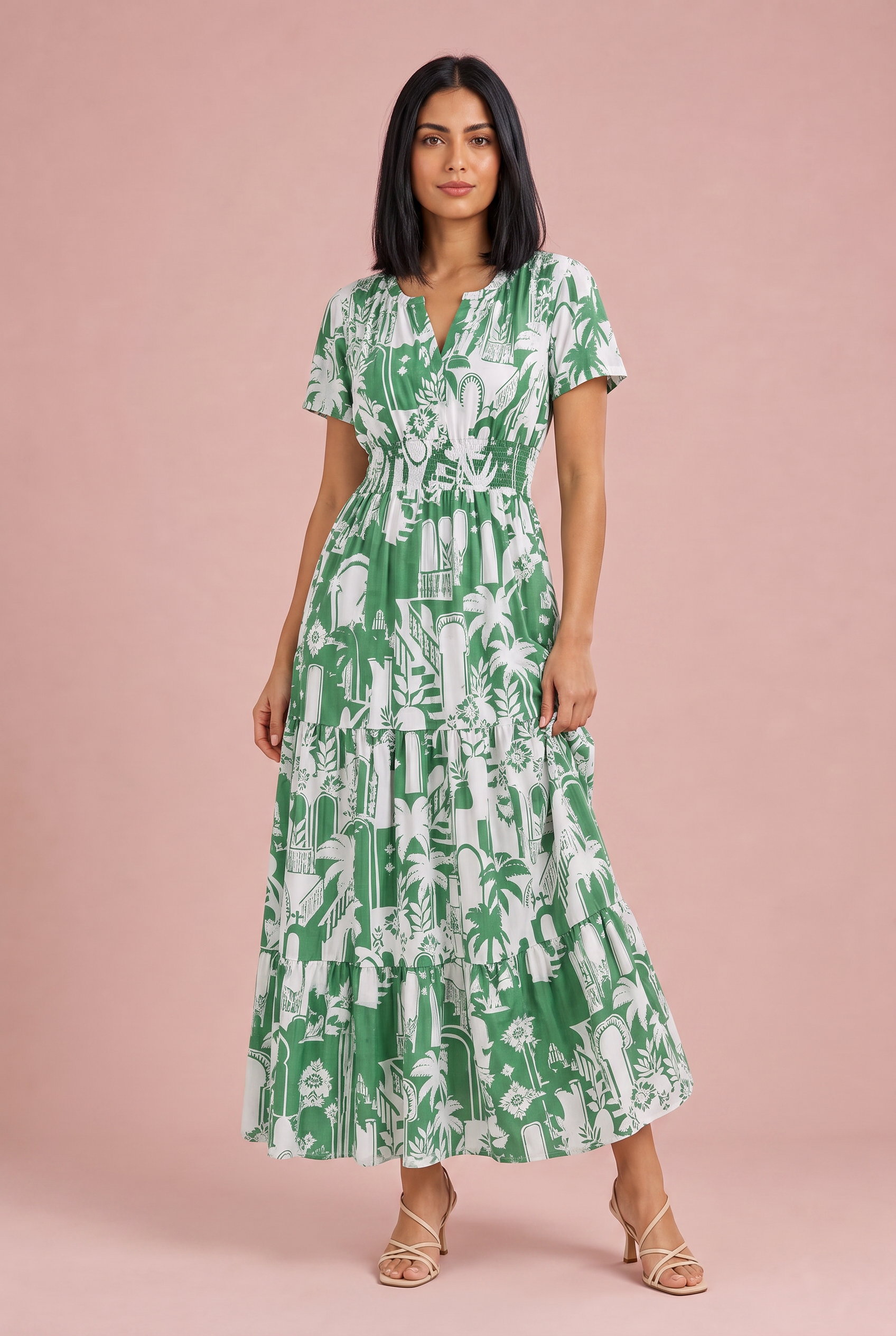 Robe longue verte imprimée col V | Porté sur une autre silhouette | Lounelle Paris