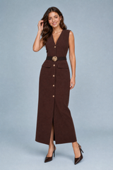 Long belted V-neck dress