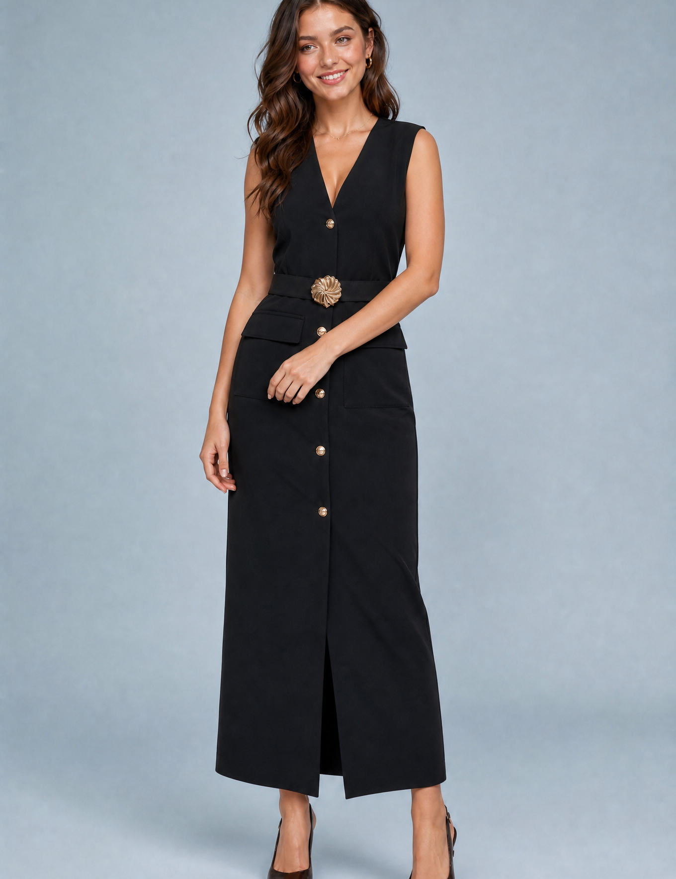Robe longue col V ceinturée | Variante Noir | Lounelle Paris