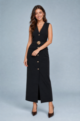 Long belted V-neck dress