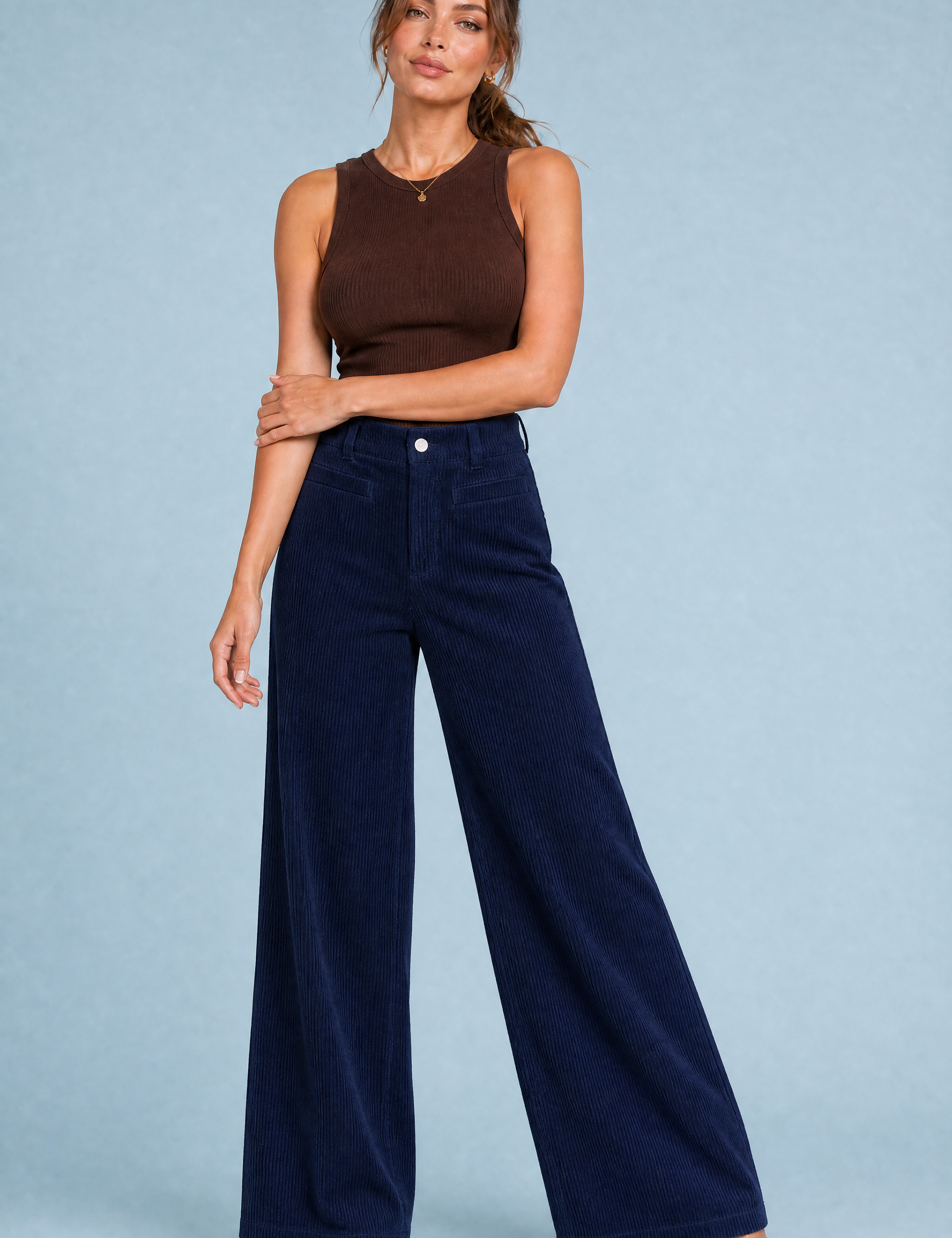 Pantalon large velours côtelé taille haute | Variante Bleu | Lounelle Paris