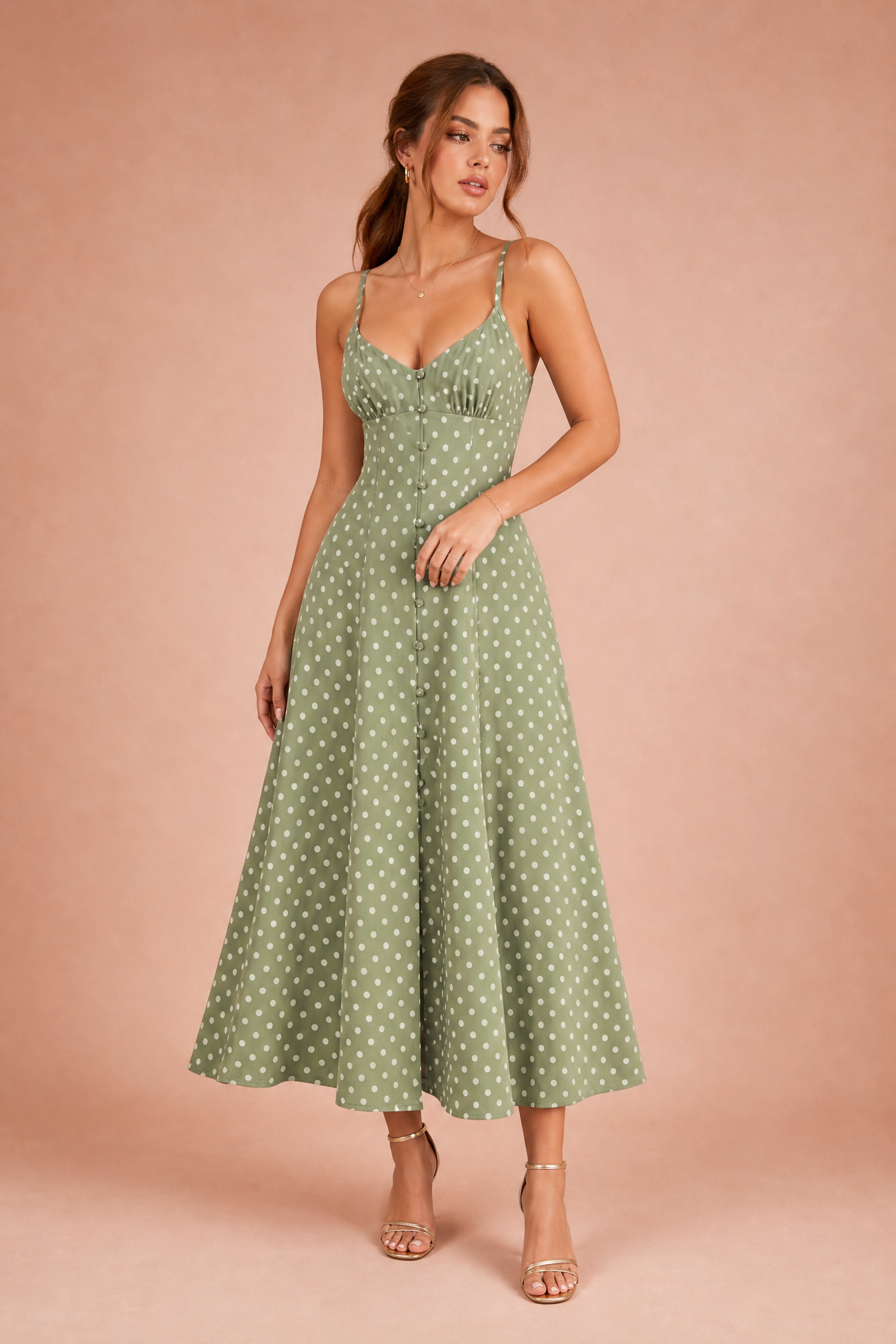 Robe longue verte à pois bretelles | Vue de face | Lounelle Paris