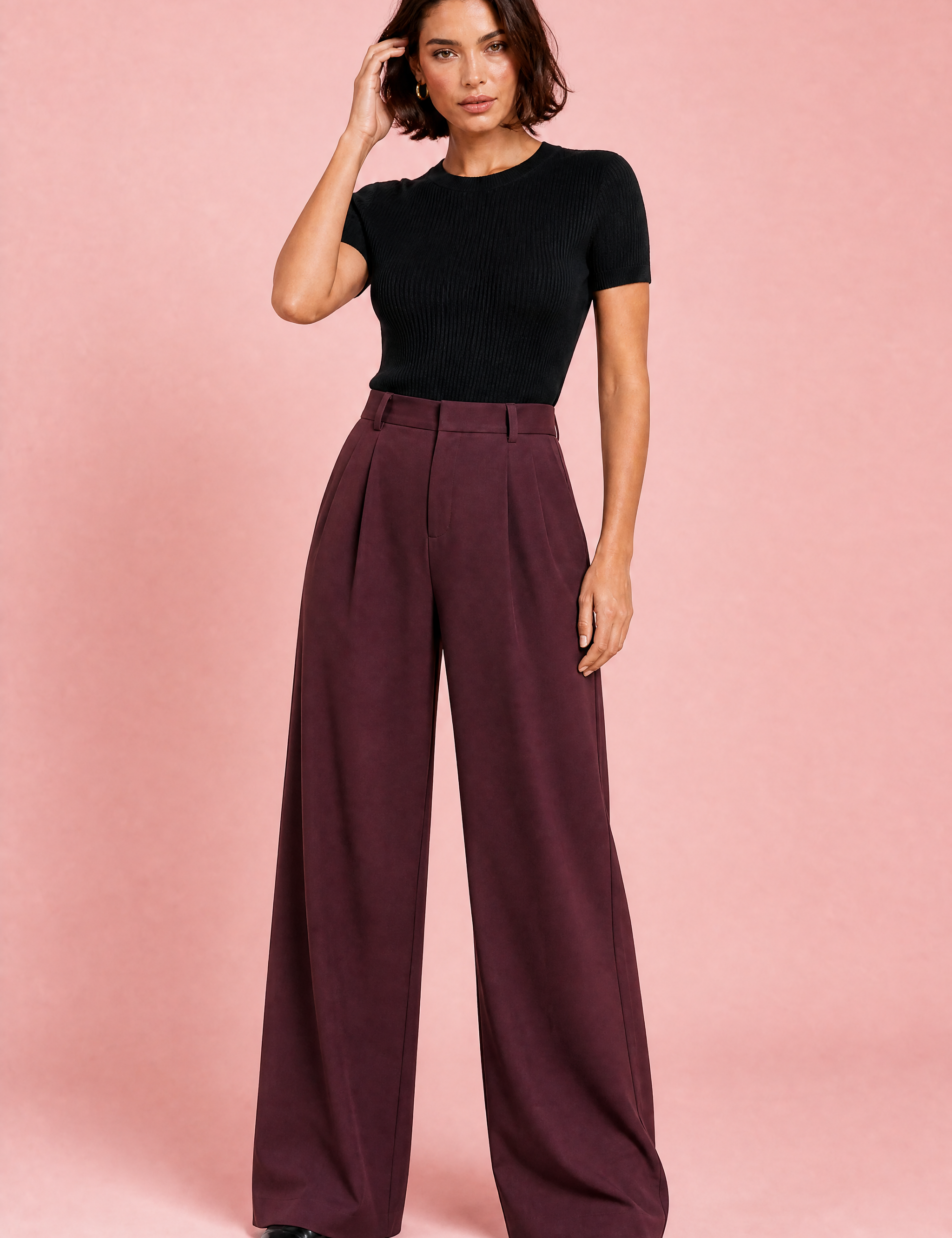 Pantalon taille haute jambes larges | Variante Bordeaux | Lounelle Paris