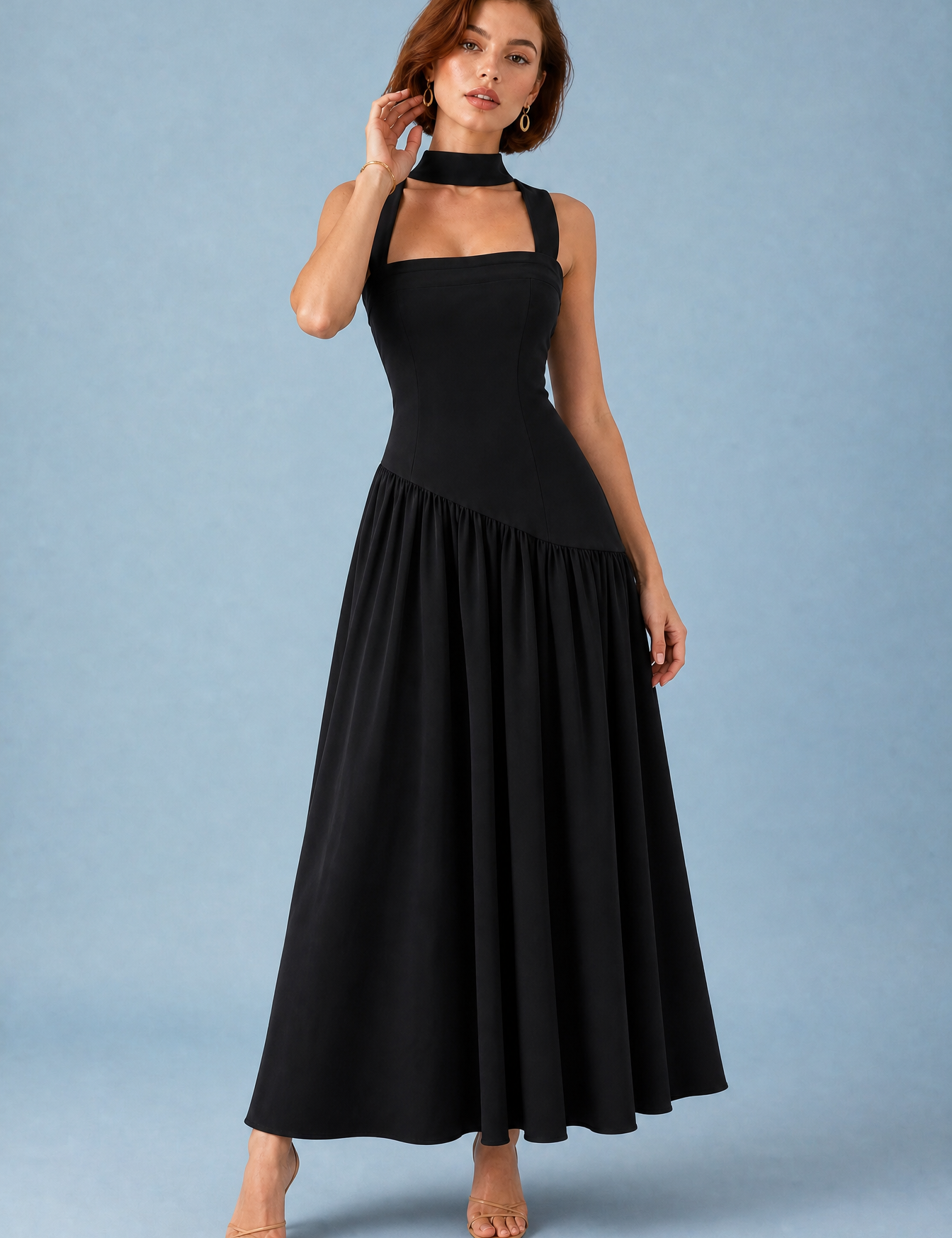 Robe longue col halter à lacets | Variante Noir | Lounelle Paris
