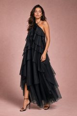 Ruffled Backless Halter Maxi Dress