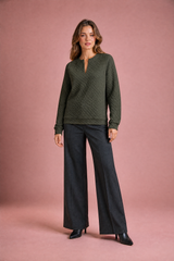 Quilted Split-Neck Sweatshirt