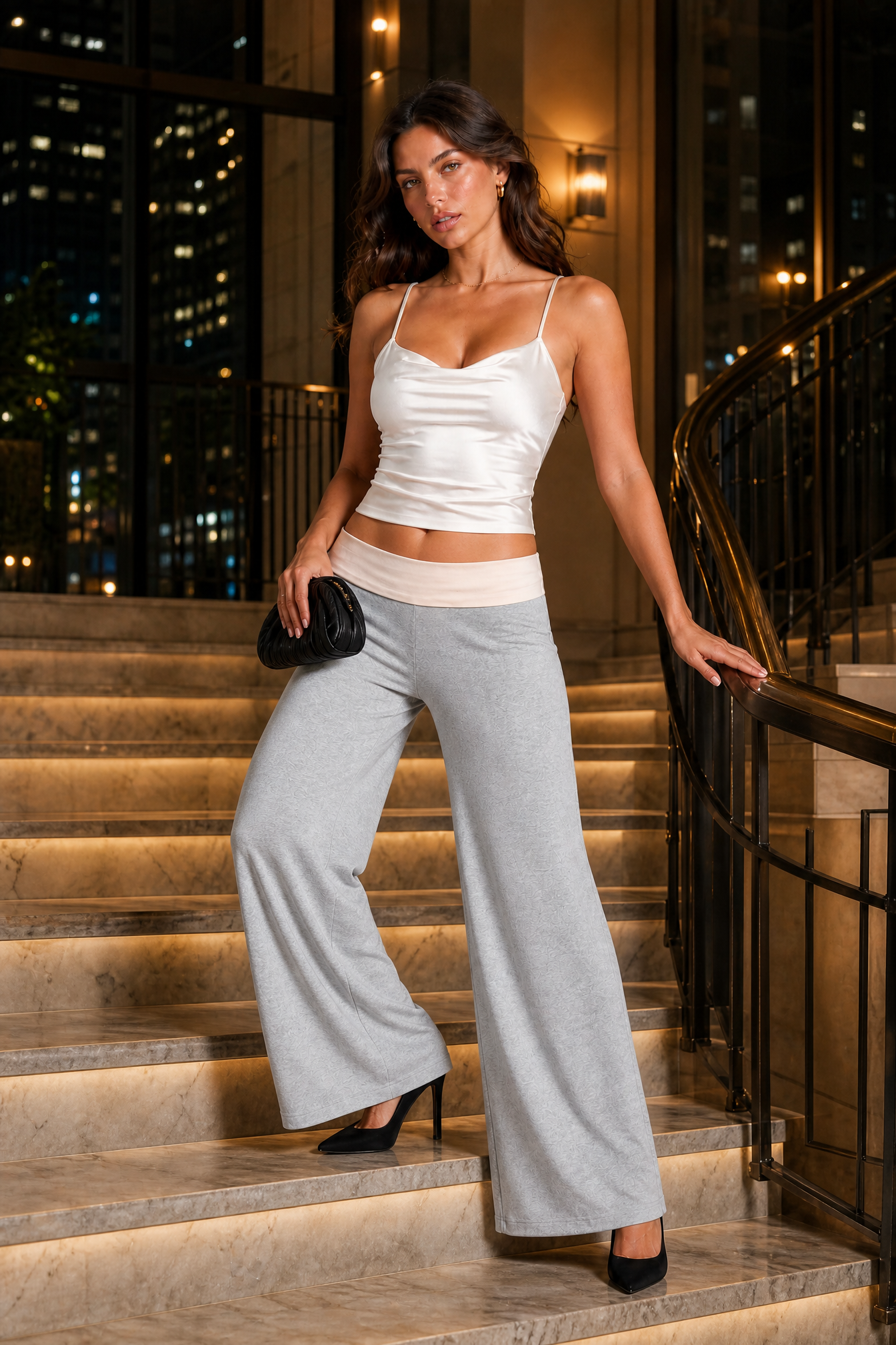 Pantalon large marron taille basse | Variante Gris clair - Lifestyle | Lounelle Paris