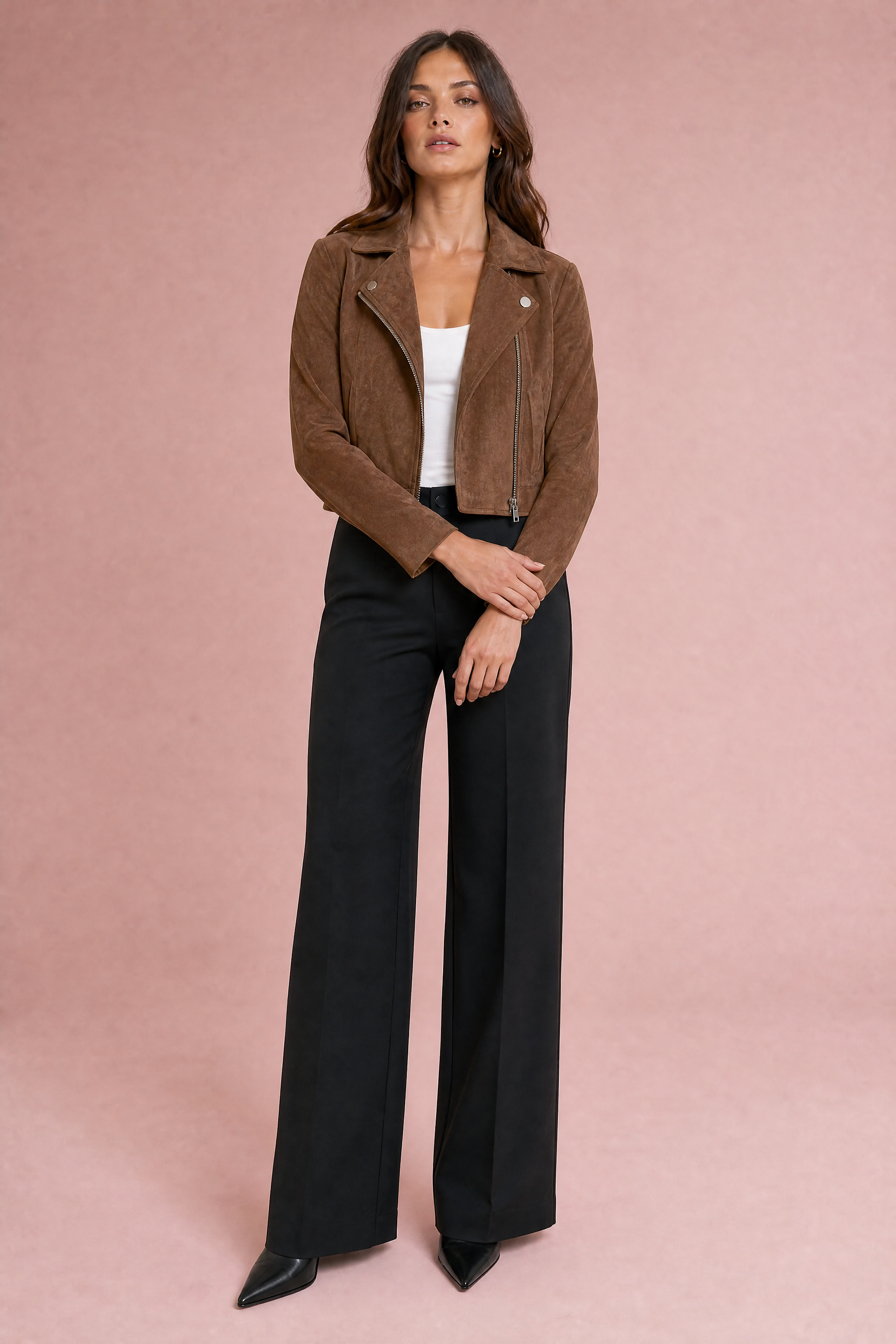 Veste courte suédine zip asymétrique | Variante Marron | Lounelle Paris