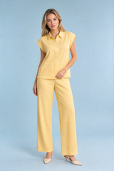 Pale Yellow Collared Top & Wide-Leg Pants Set