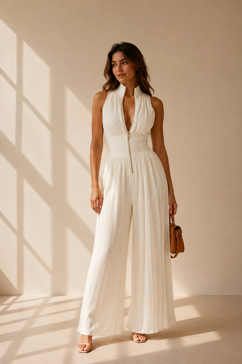 White pleated high-neck jumpsuit