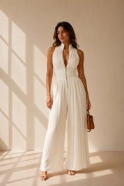 White pleated high-neck jumpsuit