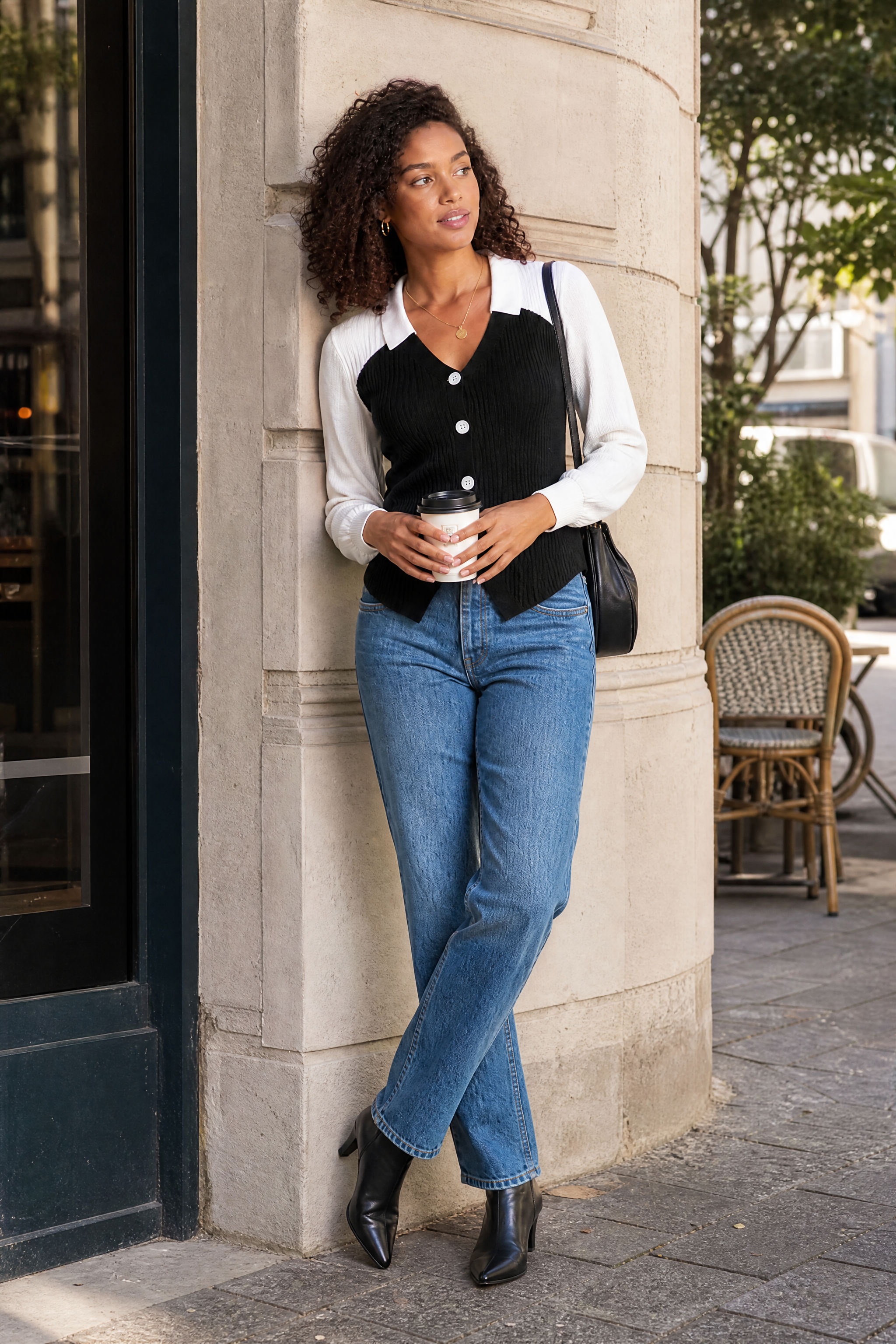 Pull bicolore col en V | Photo lifestyle | Lounelle Paris