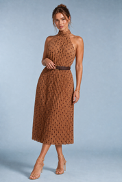 Brown Polka-Dot Halter-Neck Maxi Dress