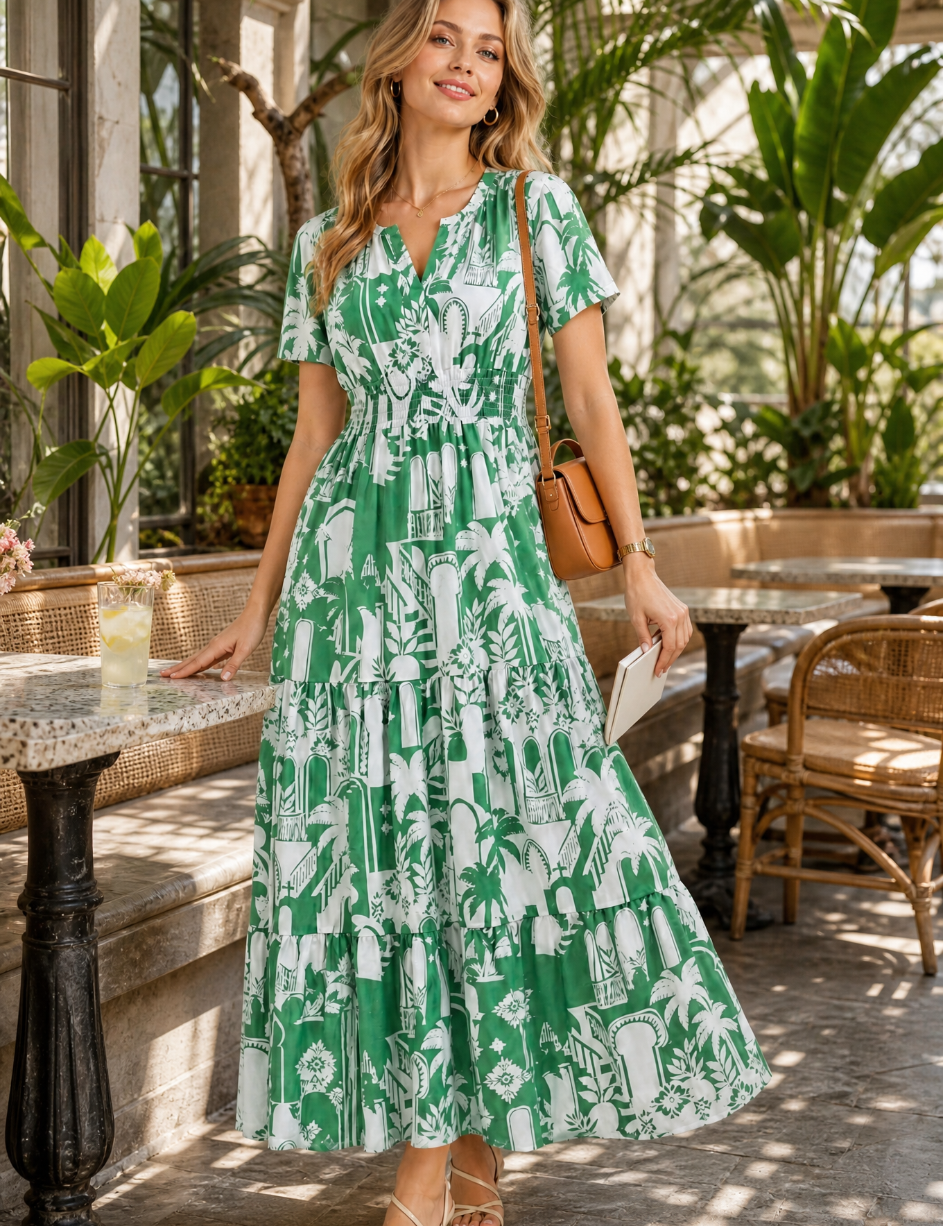 Robe longue verte imprimée col V | Photo lifestyle | Lounelle Paris