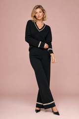 Black Knit Pants Set with Contrast Trim