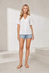 White V-Neck Eyelet Blouse