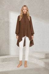Brown Asymmetrical Stand Collar Blouse