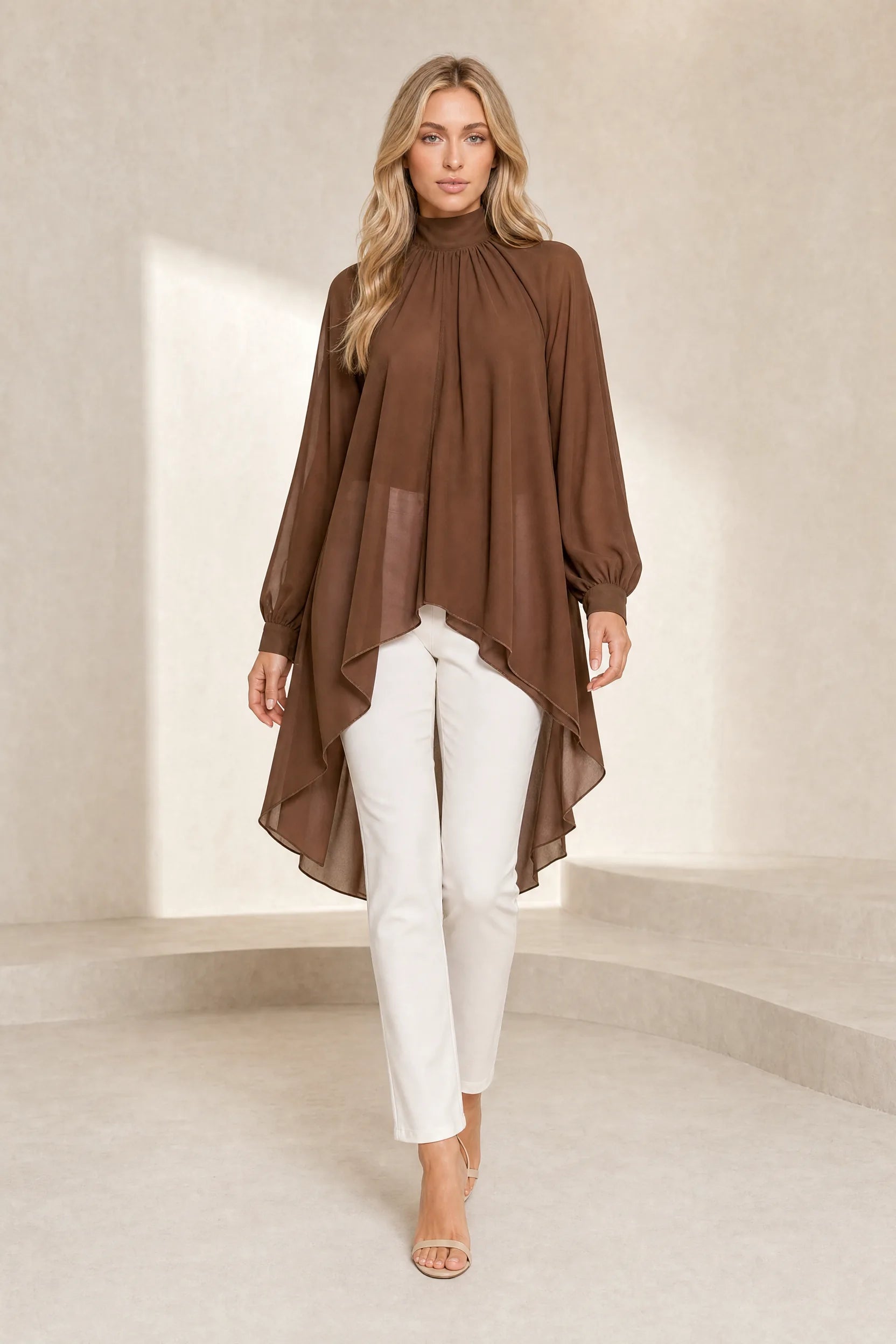 Blouse marron col montant asymétrique | Lounelle Paris