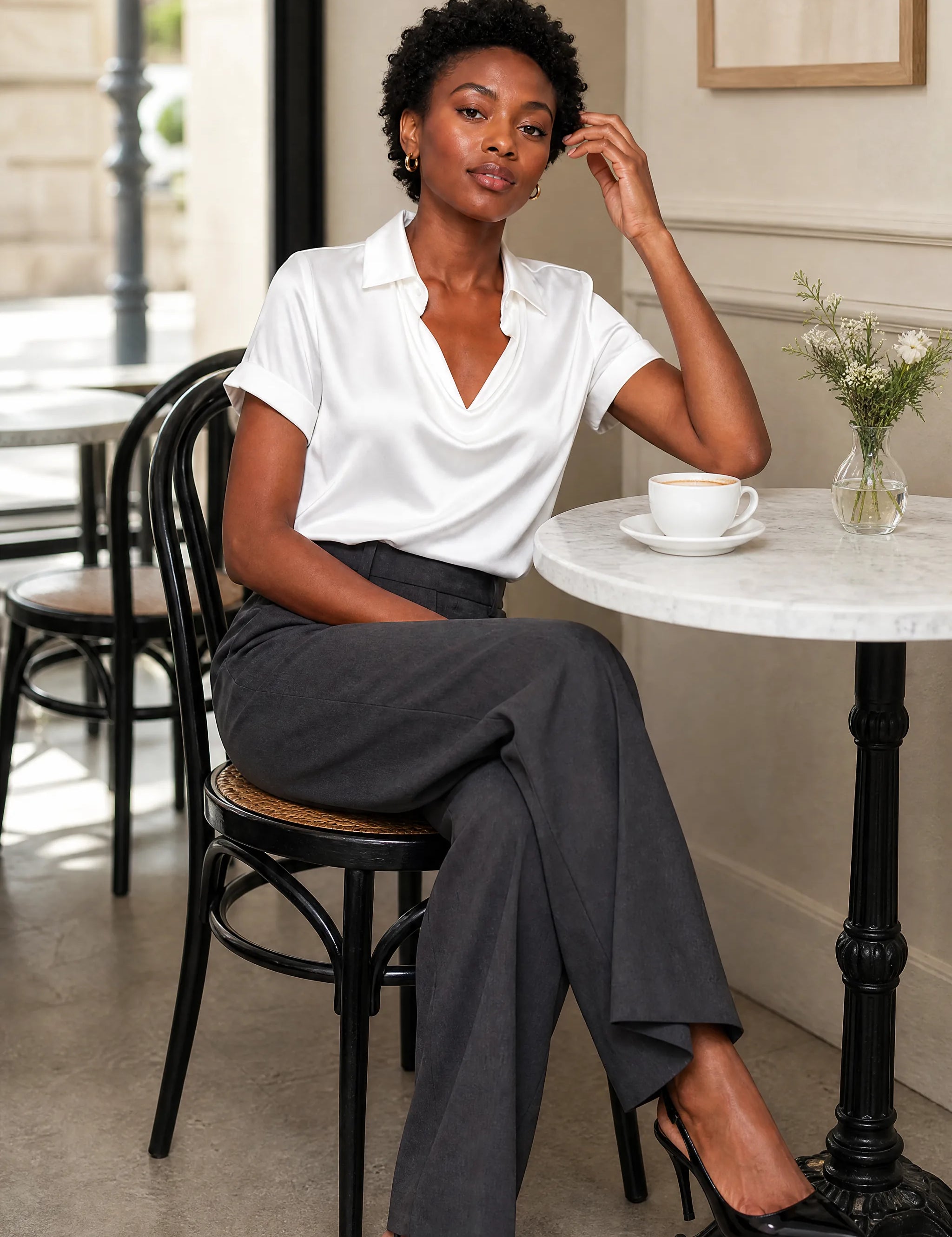 Blouse satinée encolure drapée | Photo lifestyle | Lounelle Paris