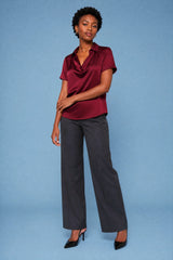 Short-Sleeve Satin Cowl-Neck Blouse