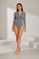 Ribbed Knit Hooded Bodysuit