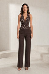 Brown polka dot draped neckline bodysuit
