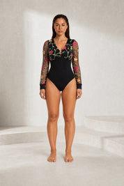 Body noir col V manches brodées | Lounelle Paris