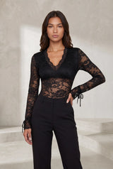 Body noir en dentelle manches longues