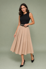 Black and Beige Color-Block Belted Pleated Midi Dress